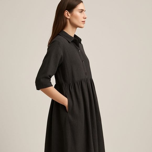 Urban Renewal Black Button Up Dress With Side Pockets. Linen Like Lg. - Picture 2 of 12